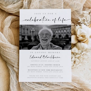 May include: A black and white photo of a man smiling, with the text "JOIN US FOR A celebration of life" at the top and "IN LOVING MEMORY Edward Blackburn" below the photo. The text below the photo includes the date, time, and location of the service and reception.