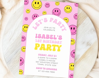 May include: Pink and yellow birthday party invitation with a smiley face pattern. The invitation says "Let's Party" and includes the details for Isabel's 1st birthday party.