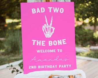 Bad Two The Bone Welcome Sign Template, Editable Girls Birthday Welcome Poster, 2nd Birthday Party Decor, Skeleton Peace Sign, Digital, CB14