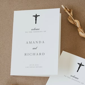 Modelo de programa de casamento católico, ordem de serviço religioso, folheto de cerimônia minimalista, cartões de programação de casamento para impressão, 5x5 5,5x8,5