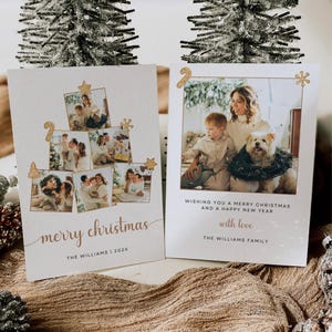 Weihnachtsbaum-Collage-Vorlage, bearbeitbare festliche Karte, zweiseitige Urlaubsfotokarte, personalisierte Collagekarte, sofortiger Download, Canva