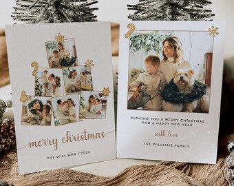 Christmas Tree Collage Template, Editable Festive Card, Two Sided Holiday Photo Card, Personalized Collage Card, Instant Download, Canva