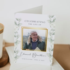 Gold Funeral Program Template, Greenery Obituary Template, Eucalyptus Memorial Service Booklet, In Loving Memory, Celebration Of Life, #F40