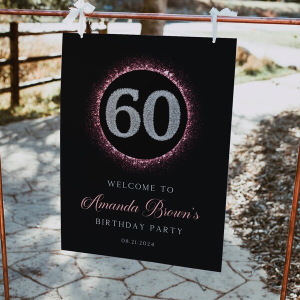 60th Birthday Rose Gold Poster, Sixtieth Welcome Sign Template, Editable Party Celebration Decor, Silver Glitter Number Banner, Custom Gift