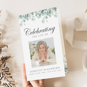 Greenery Funeral Program Template, Eucalyptus Memorial Brochure, Obituary Template For Woman, Mass Order Of Service, Ceremony Booklet, #F35