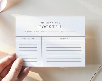 Signature Drinks Recipe Cards Template, Fillable Cocktail Method, Bridal Shower Recipe Insert, Double Sided, Printable Bar Stationary