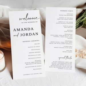 May include: A wedding ceremony order of service featuring the names Amanda and Jordan on the front. The order of service details the ceremony events, including the seating of guests, processional, opening remarks, exchange of vows, exchange of rings, readings, presentation of the couple, and recessional. It also lists the wedding party members, including the officiant, parents of the bride and groom, maid of honour, best man, bridesmaids, and groomsmen. The order of service concludes with a special thanks section.