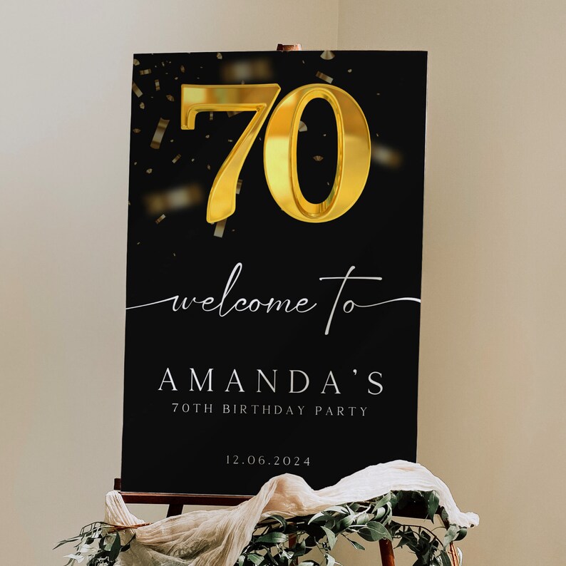 Gold 70th Birthday Welcome Sign, Modern Poster, Black and Gold Birthday ...