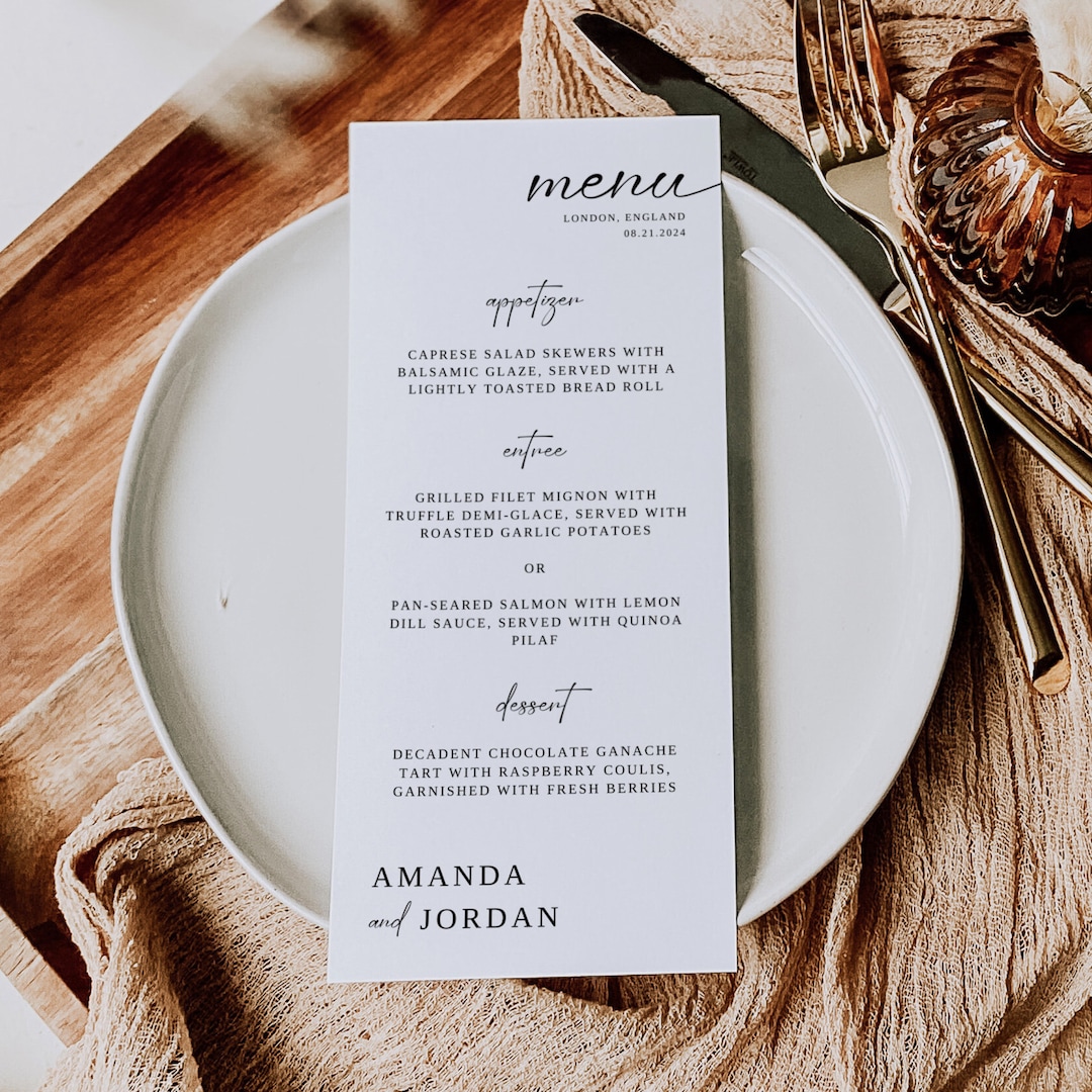 Elegant Wedding Menu Template, Reception Dinner Menu Cards, Minimalist ...