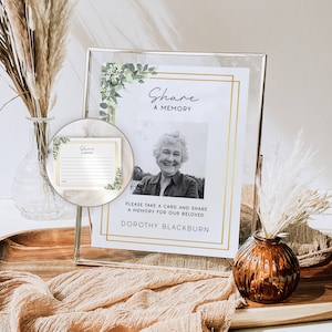 Greenery Please Share A Memory Sign & Card, Editable Memory Table Sign, Funeral Guest Book Sign, Memorial Service, In Loving Memory, #F42