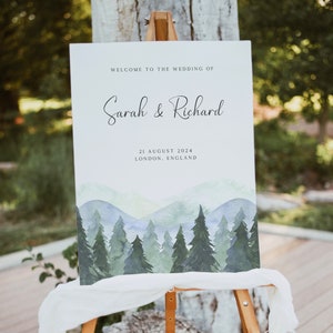 Cartello di benvenuto per matrimonio rustico in montagna, poster di ricevimento di Forest Hills, espositore per cavalletto per ingresso naturale, matrimonio all'aperto, decorazione per cerimonia, CW21