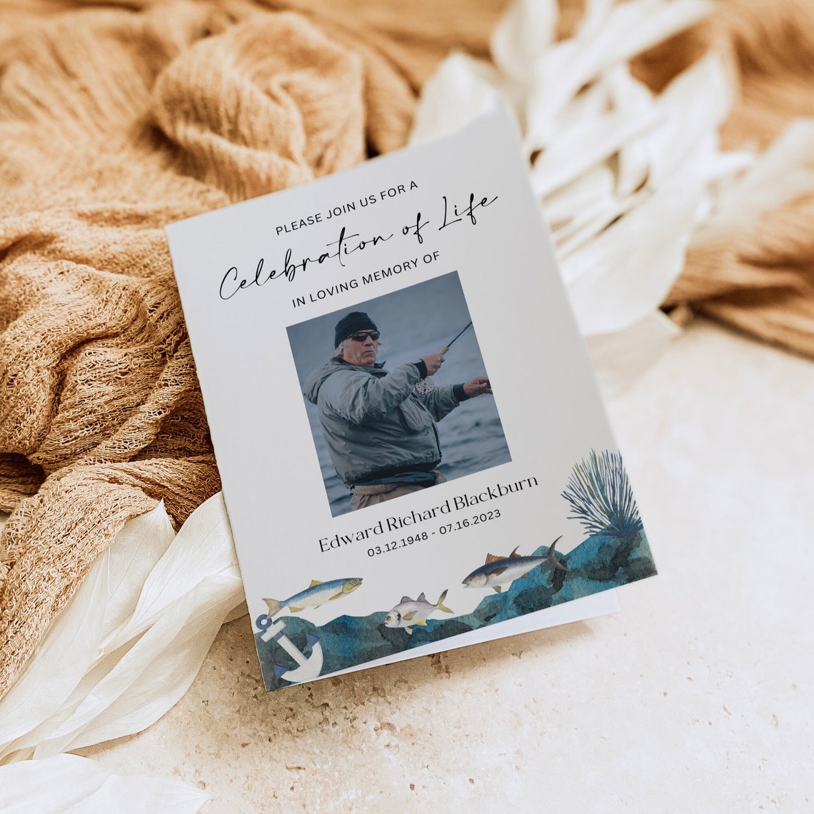 Fish Funeral Program Design Fishing Funeral Program Template for Man, Memorial Service Brochure ...