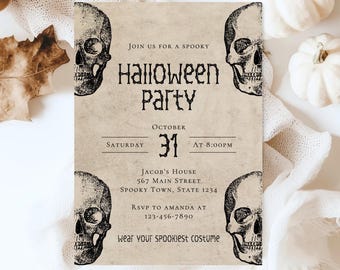 Adult Halloween Party Invitation Template, Minimal Skull Invite, Editable Costume Party Invitation, Skull Halloween Invite, Spooky, HW23