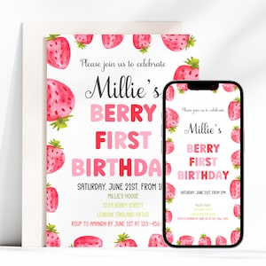 Eerste videoverjaardagsuitnodiging Berry, verjaardagskaart aardbei, babymijlpaal, liefje, kinderfeestje zomerfruit, geanimeerd