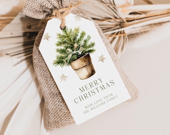 Christmas Tree Favor Tags, Minimal Holiday Party Gift Tag, Festive Gift Labels, Golden Star Present Tag, Hang Tags, Editable In Canva, CR1