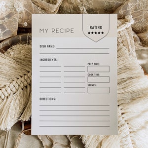 Blank Recipe Card Template, Minimal Food Planner, Simple Recipe Journal Binder Filler, Printable Cookbook Sheets, Kitchen Stationary Gifts