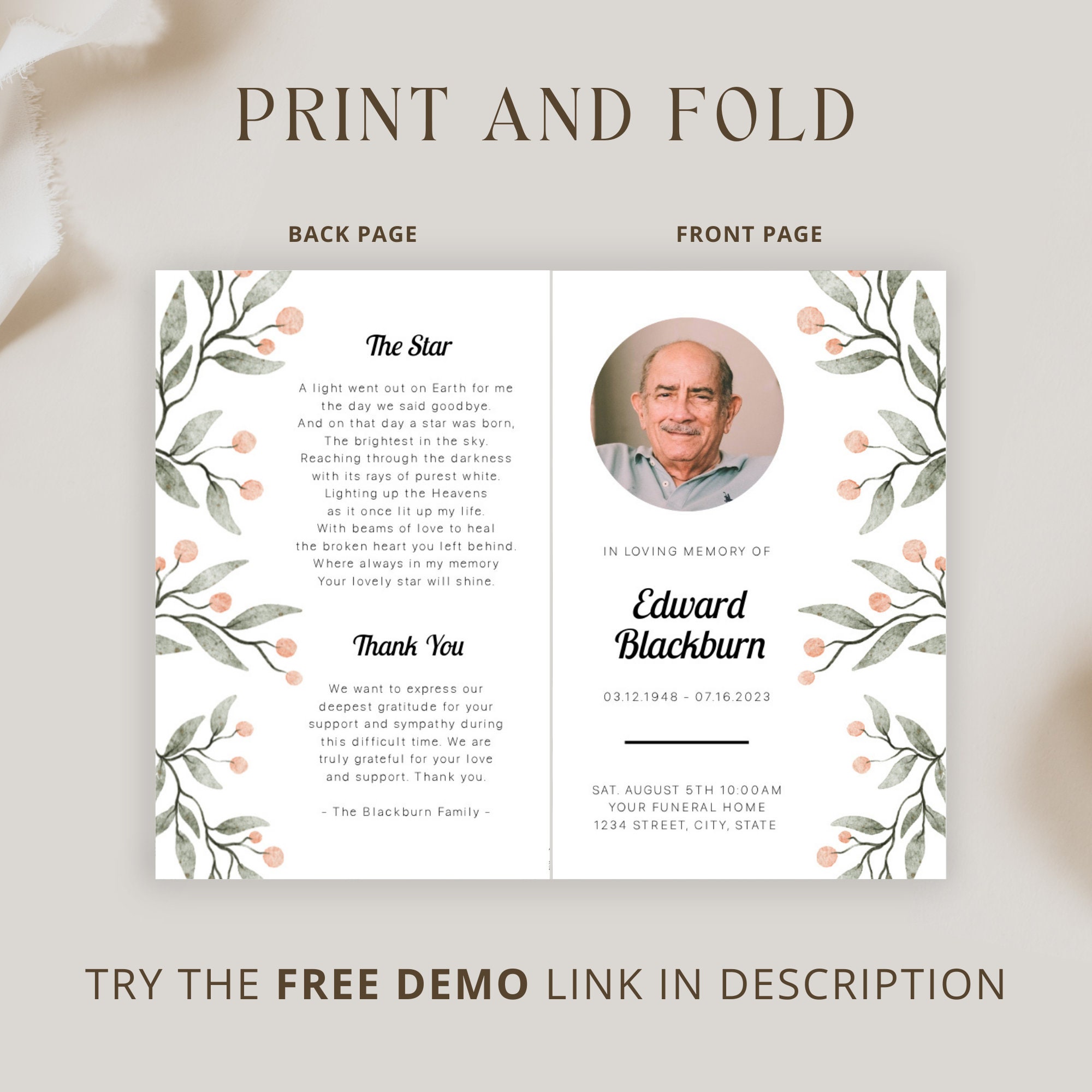 Wake Program Sample Printable Funeral Program Template Floral Order of Service Memorial ...