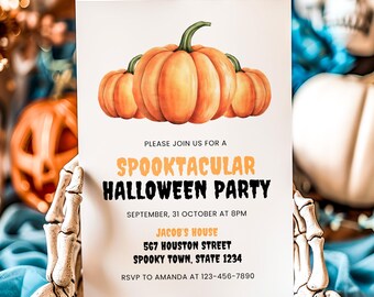 May include: A white invitation card with orange pumpkins and black text. The text reads "Please join us for a Spooktacular Halloween Party, September 31 October at 8pm, Jacob's House, 567 Houston Street, Spooky Town, State 1234, RSVP to Amanda at 123-456-7890".