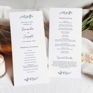 May include: A wedding ceremony programme with a green leafy design. The programme includes the names Amanda and Joseph, the date 21st August 2024, and a list of the wedding ceremony events. The second page includes the wedding party, officiant, and special thanks.