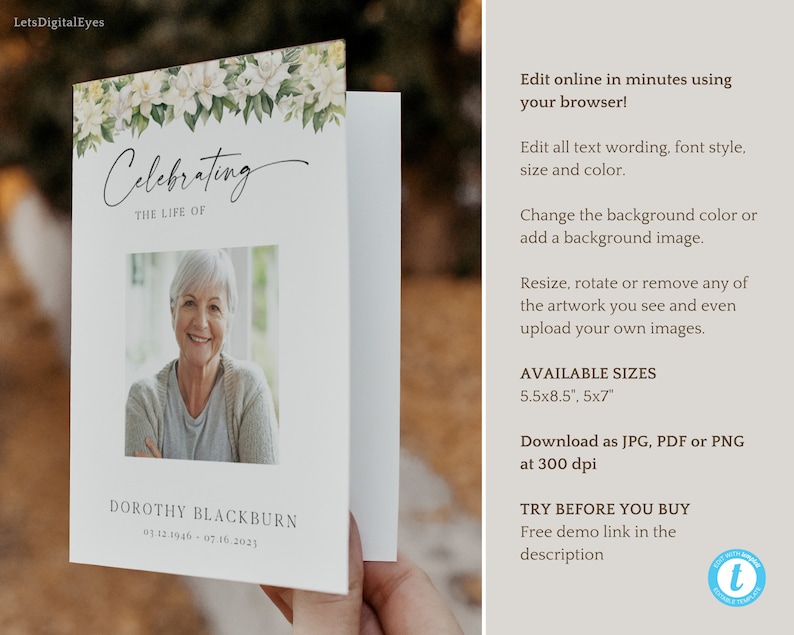 Floral Funeral Program Template for Woman Lily Flowers Etsy UK