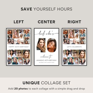 May include: A unique collage set featuring three framed photo collages. Each collage includes multiple photos and text. The center collage says "look who's 40" and "welcome to Amanda's 40th birthday". The text "Happy 40th Birthday" and "Let's Celebrate" are also visible.