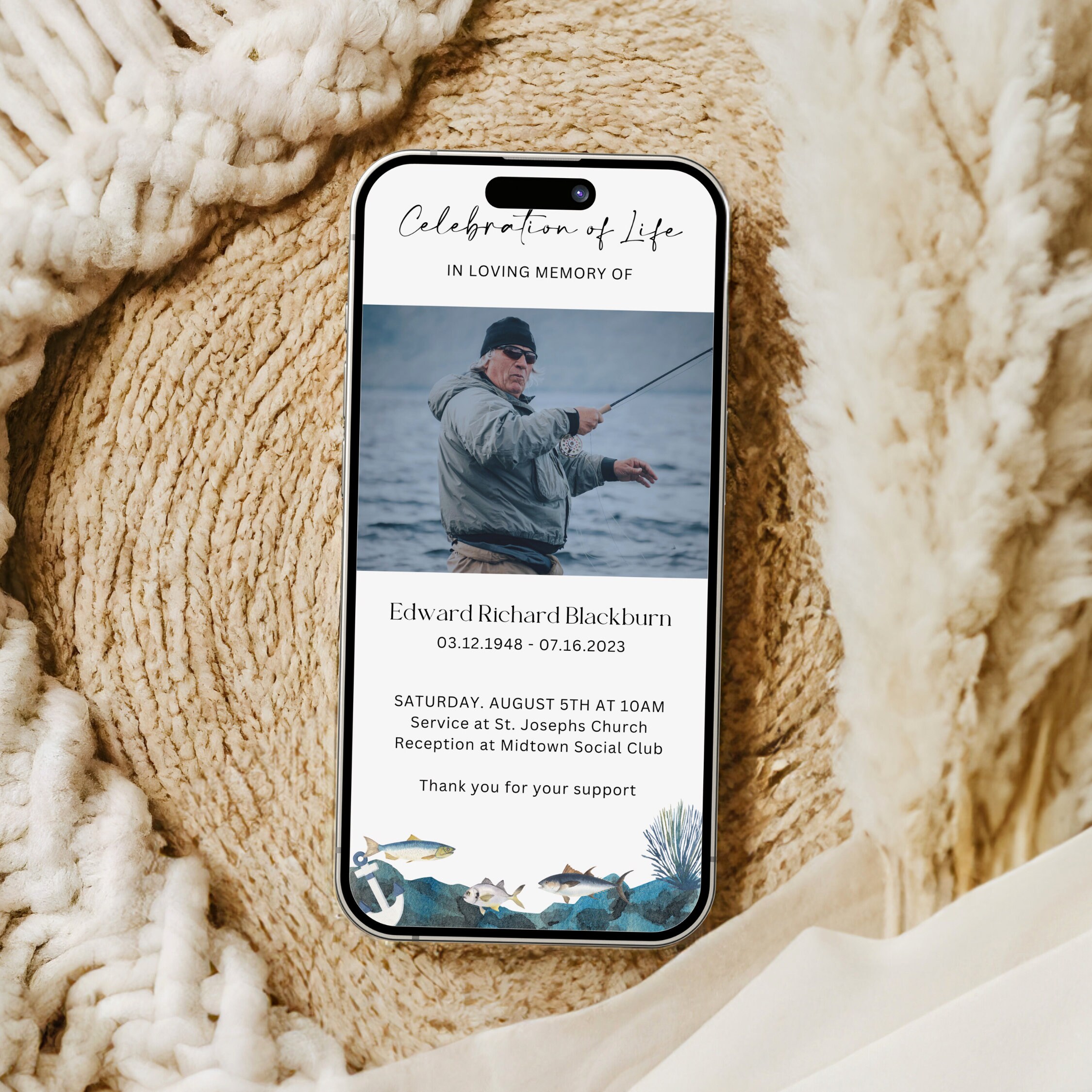Fishing Funeral Invitation, Electronic Obituary Template for Man ...