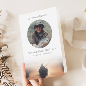 Plantilla de programa de funeral de pescador para hombre, servicio conmemorativo de pescadores, plantilla de obituario, folleto de celebración de la vida al aire libre, tributo, CF68