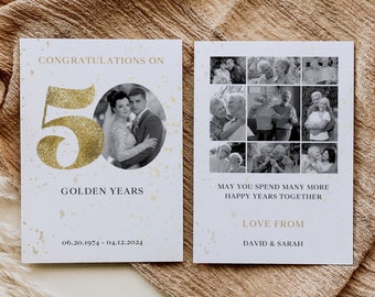 Doppelseitige Karte zum 50. Hochzeitstag, Geschenk zum goldenen Jahrestag, Geschenk für Eltern, Feierkarte, bearbeitbare Fotocollage, Minimal