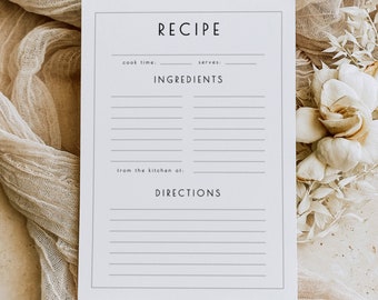 Simple Recipe Page Template, Recipe Cards, For Recipe Binder, Custom Recipe Book, Blank Recipe Sheet, Printable 5x7 Double Sided Recipe