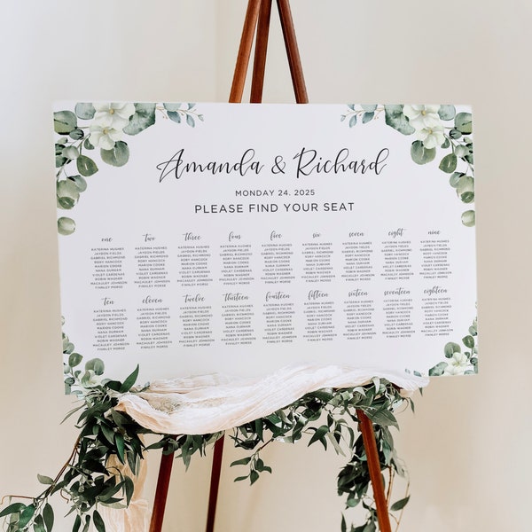 Eucalyptus Seating Chart Template, Wedding Table Arrangement, Greenery Signage, Bridal Board, Find Your Seat Chart, Editable Template, CW10