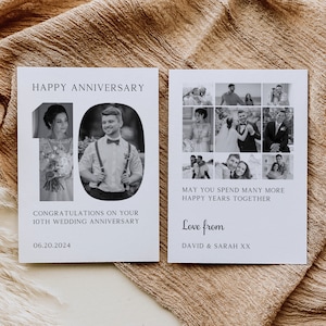 Tarjeta del décimo aniversario de boda, collage de doble cara, regalo de feliz aniversario, hito de aluminio, plantilla de fotografía imprimible, impresión de montaje