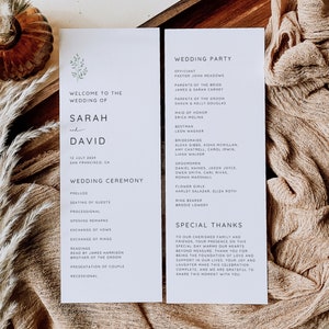 May include: Wedding ceremony program with a simple design featuring a leafy branch illustration. The program includes the names of the bride and groom, Sarah and David, the wedding date, and the wedding party.