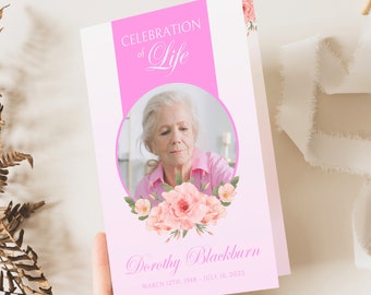 Pink Funeral Program Template For Woman, Memorial Program, Obituary Announcement, Funeral Invitation, Ceremony Program, Editable, Foldable
