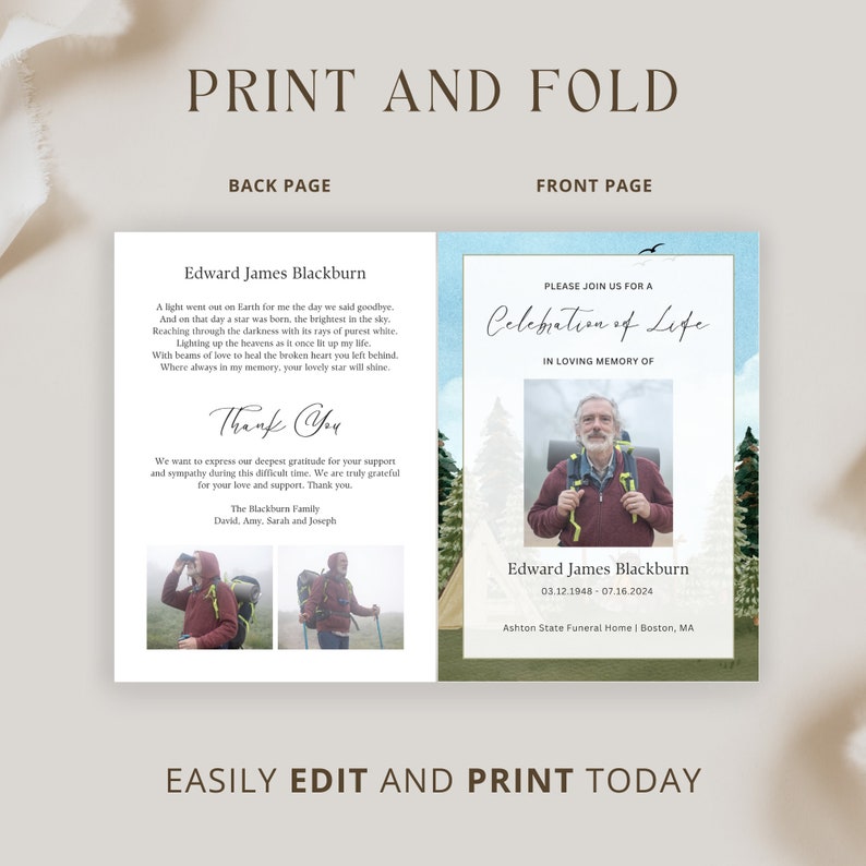 Hiking Funeral Program Template, Editable Celebration of Life, Order of