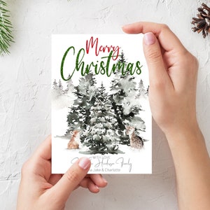 Cartolina di Natale invernale stampabile, cartolina di auguri di Natale ad acquerello personalizzata, cartolina di buon Natale e buone feste modificabile, albero di Natale