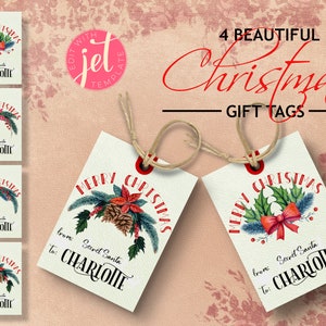 Editable Vintage Merry Christmas gift tags, Printable custom Happy Holidays gift tags, Wreath gift tag template, Christmas Favor gift Tags