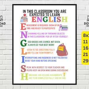 ENGLISH Classroom Poster, English Classroom Decor, Classroom Rules Poster, High School English Teacher, English Teacher Gifts, ELA Teacher