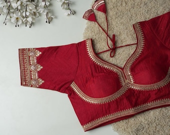 Blusa de seda dupión bordada: escote corazón y mangas hasta el codo