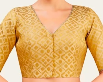 Golden Brocade Blouse In Golden Lace With V Neck And Front Open..