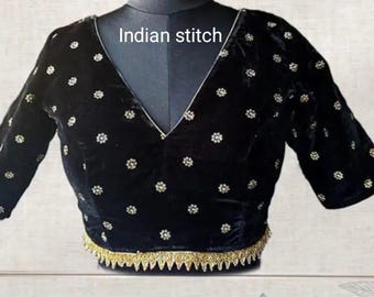 Made To Order Black Sequin Work Velvet Blouse InFront V Neck