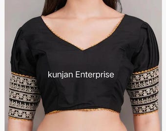 Black Dupion Silk Saree Blouse, Golden Embroidery, Puff Sleeves