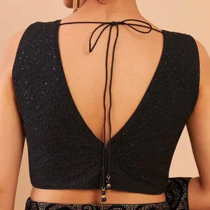 Black Embroidery work: Deep V Neck And Sleeves Less Blouse,Padded Blouse image 2