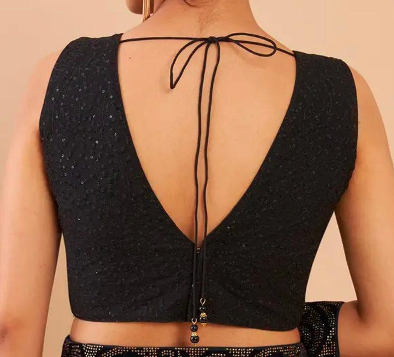 Black Embroidery work: Deep V Neck And Sleeves Less Blouse,Padded Blouse image 2