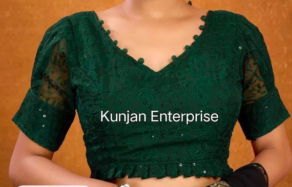 Handmade Green Chikankari Blouse in V Neck And Puff Sleeves,Back Open Blouse, Wedding Blouse, Partywear Blouse..