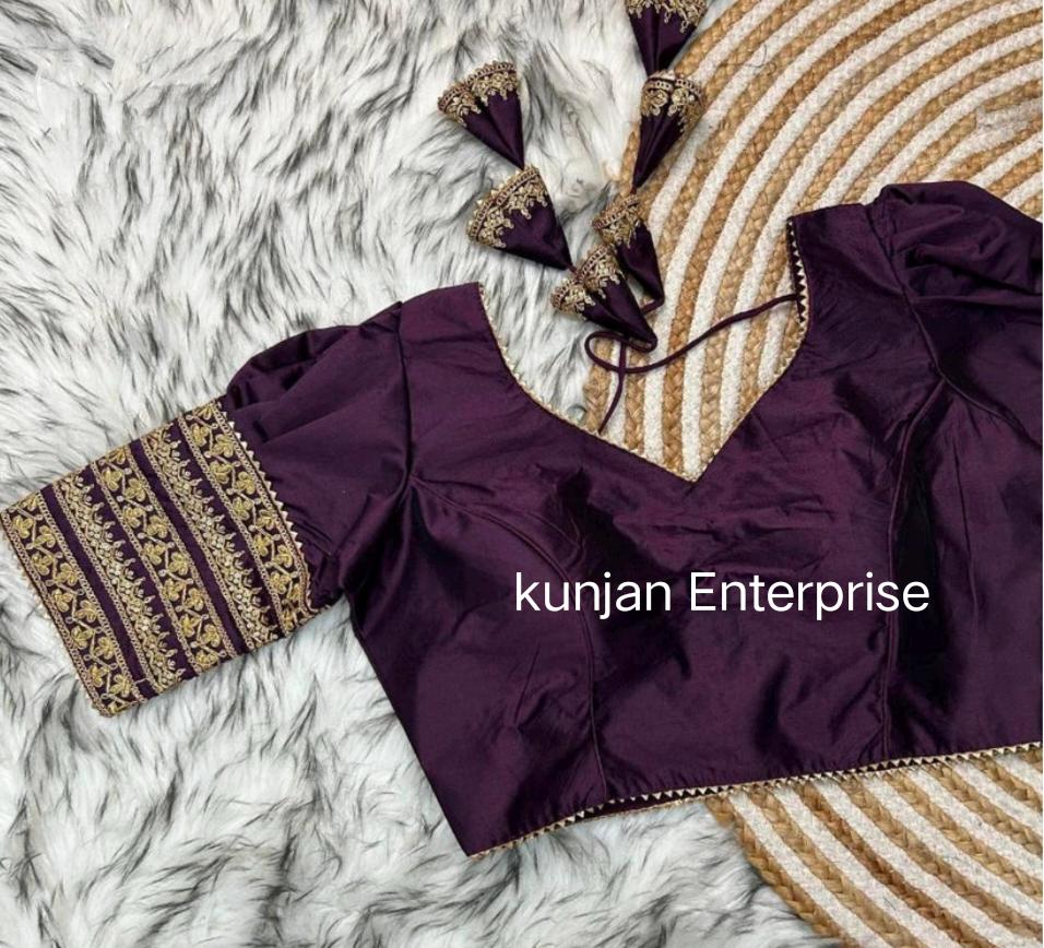 Maroon Dupion Silk Blouse, V Neck Embroidery, Puff Sleeves - Etsy