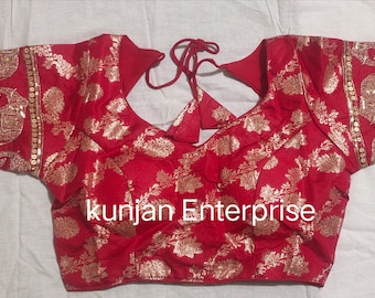 Red Dola Silk Blouse: Elephant Embroidery, Indian Sleeves