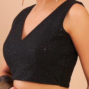 Black Embroidery work: Deep V Neck And Sleeves Less Blouse,Padded Blouse image 3
