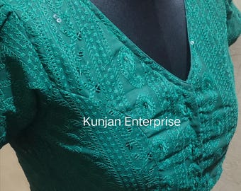 Made To Order Green Chikankari Blouse, V Neck Puff Sleeves