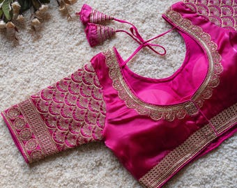 Golden Work Zimmichoo Fabric Saree Blouse - Elbow Sleeves, Back Open