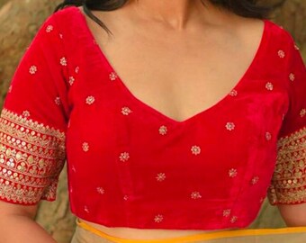 Made To Order Velvet Saree Blouse: V Neck Thread Work, Lace Sleeves